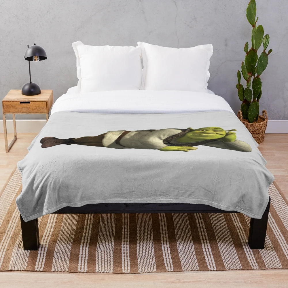 Shrek inspired plush blanket with Shrek's swamp design