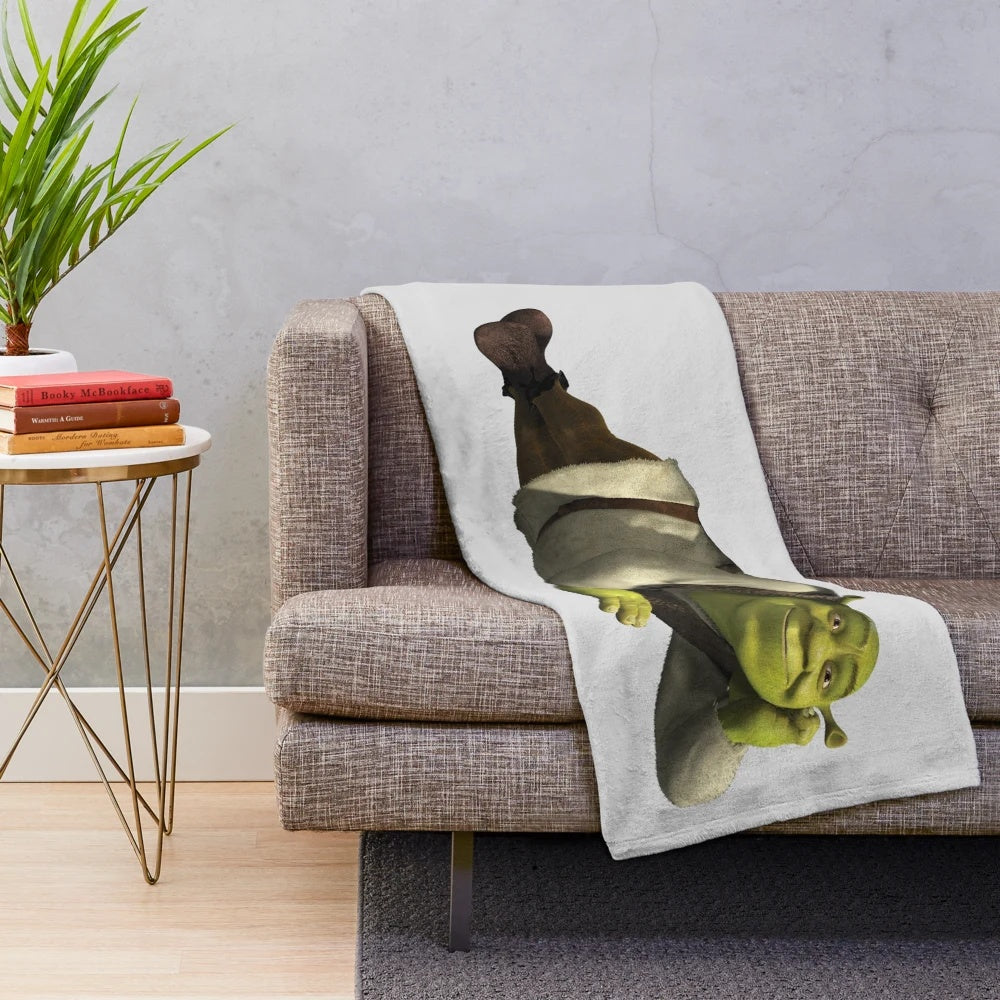 Shrek inspired plush blanket with Shrek's swamp design