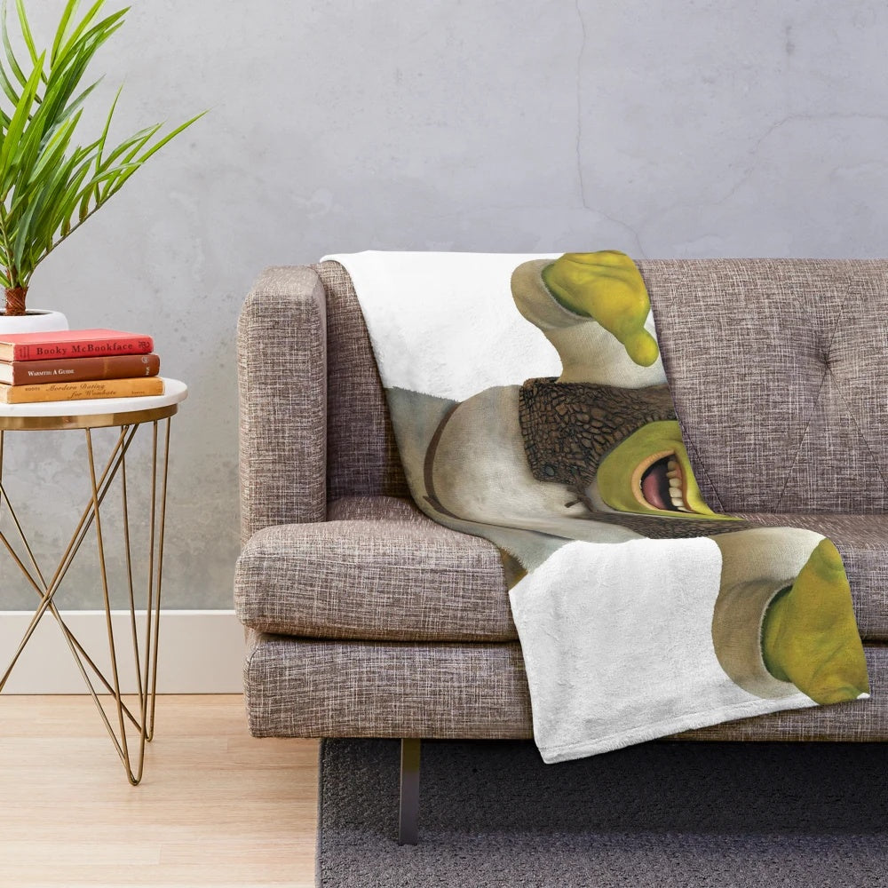 Shrek-inspired plush blanket featuring the classic DreamWorks character in a parody design