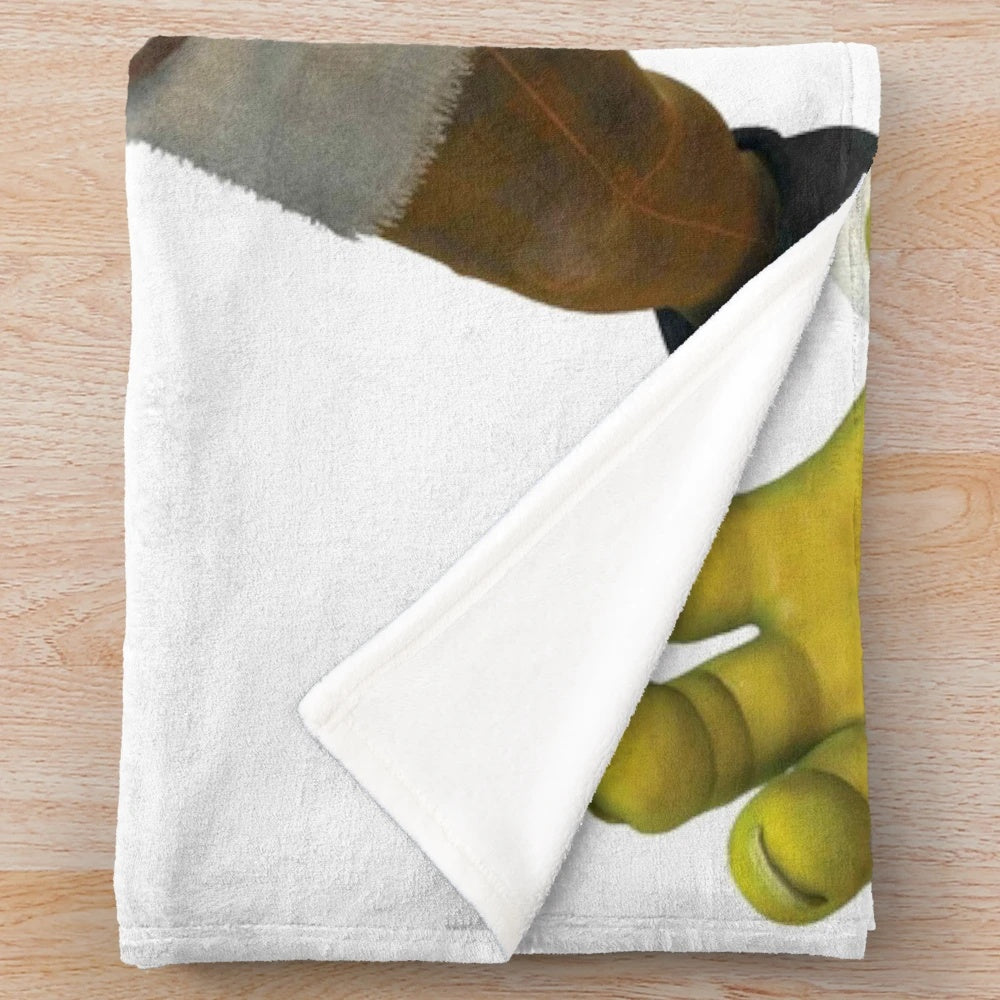Shrek-inspired plush blanket featuring the classic DreamWorks character in a parody design