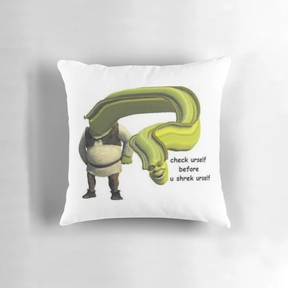 Shrek meme novelty pillow, featuring a humorous "check urself before u shrek urself" design