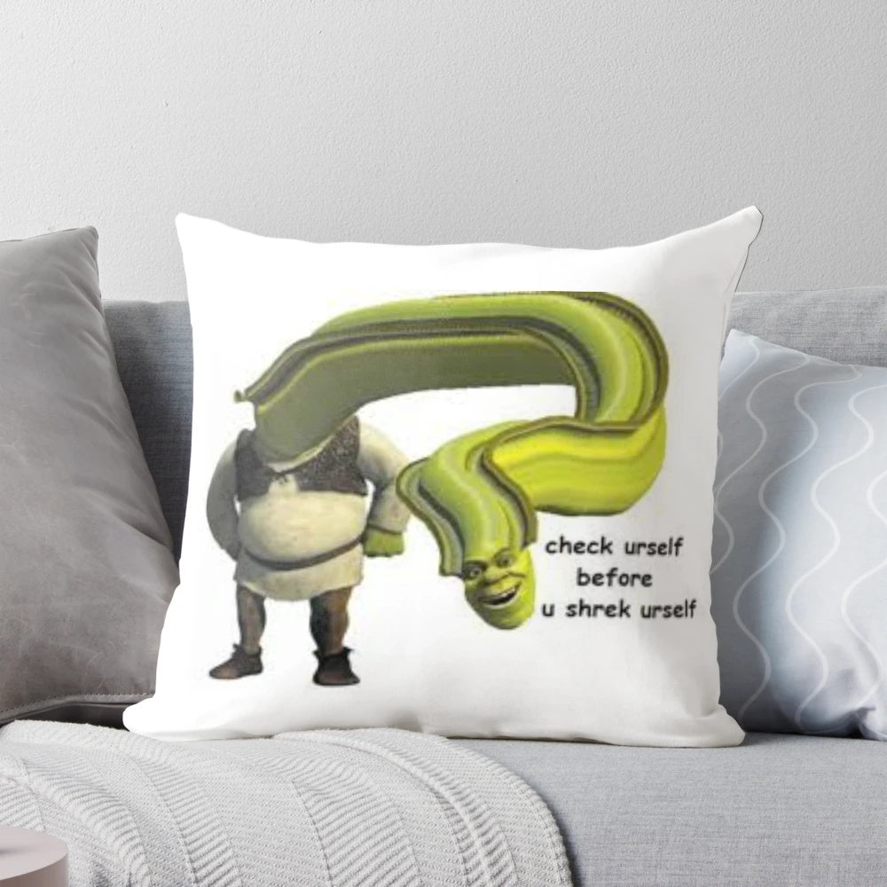 Shrek meme novelty pillow, featuring a humorous "check urself before u shrek urself" design