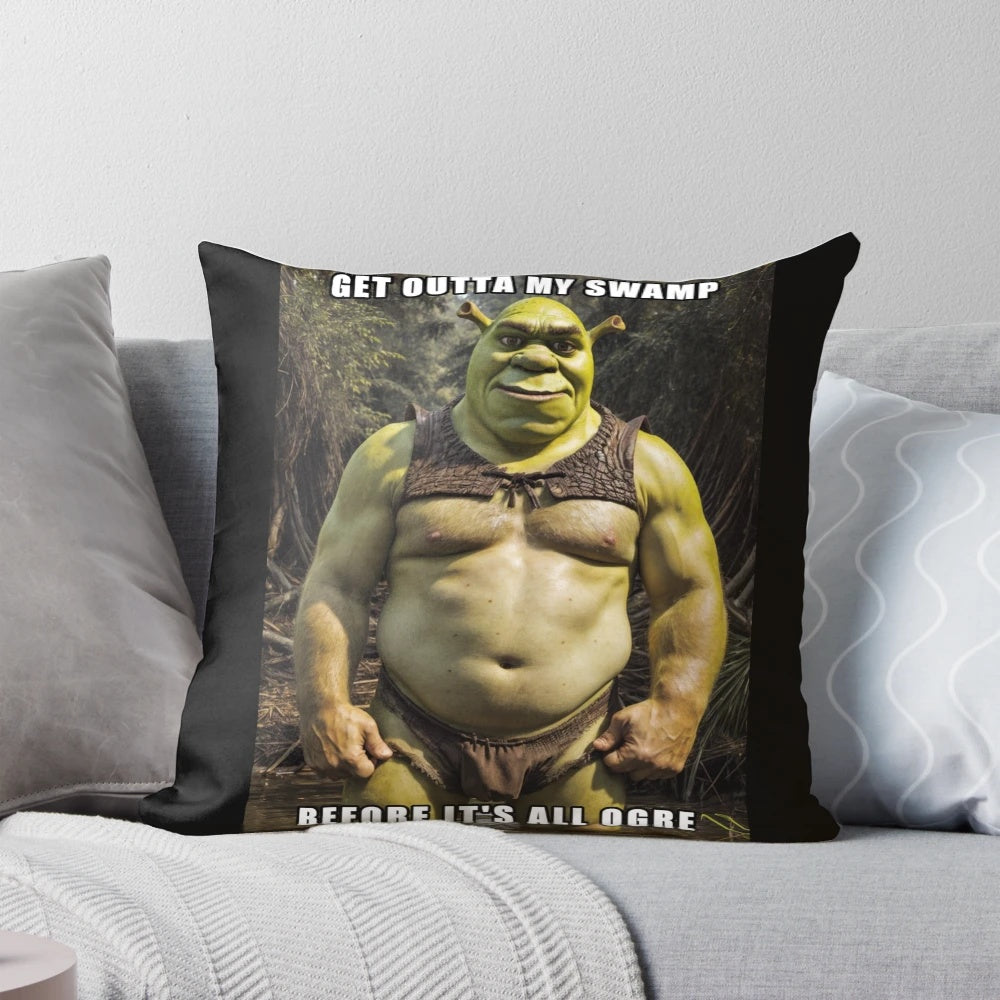 Shrek "Get Outta My Swamp" meme printed on a plush, comfortable pillow for home or office