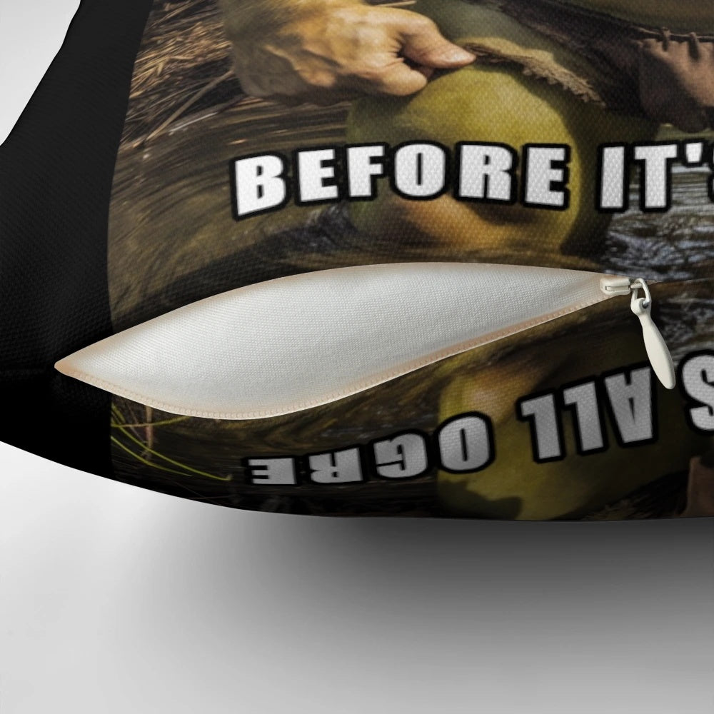 Shrek "Get Outta My Swamp" meme printed on a plush, comfortable pillow for home or office