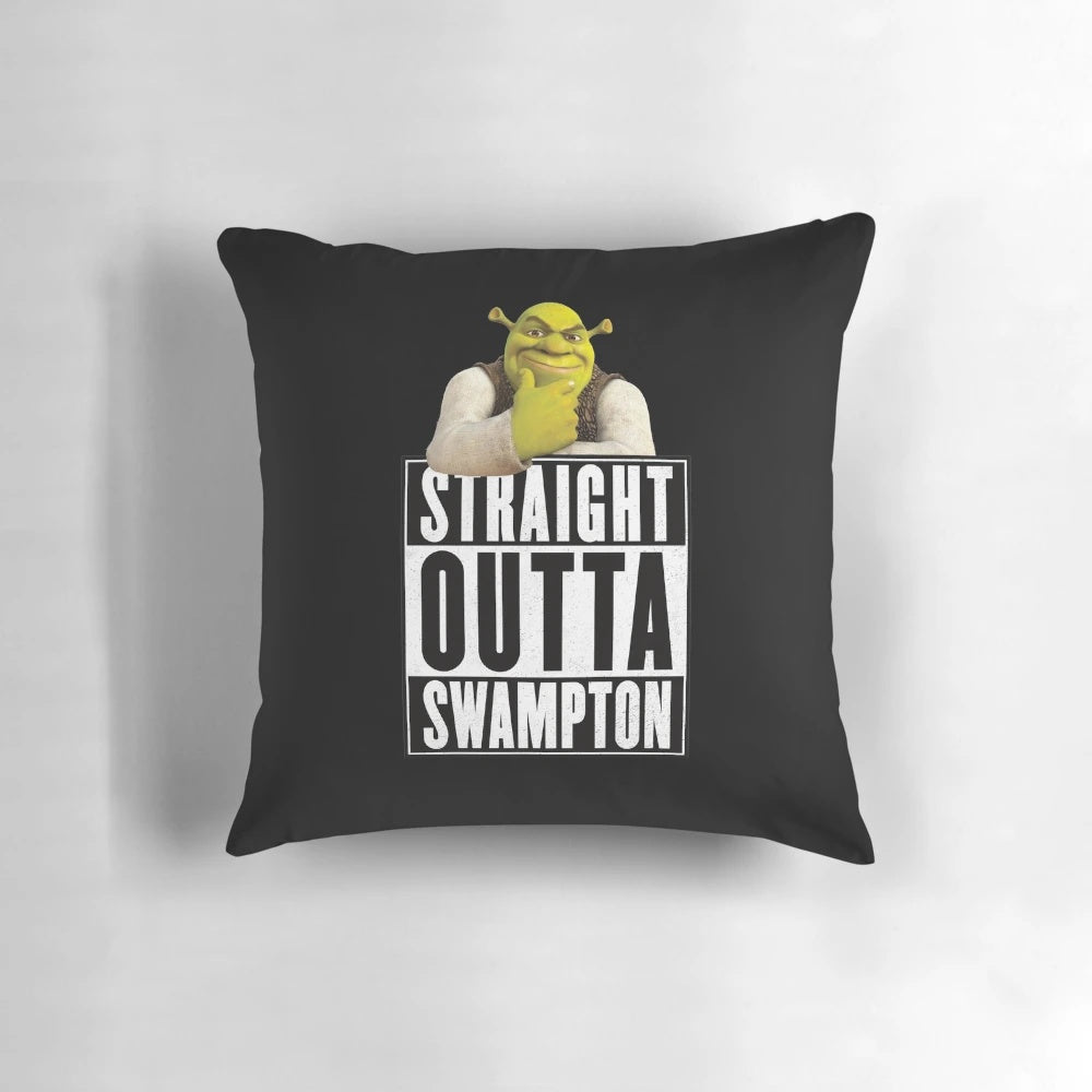 Shrek themed straight outta swampton pillow with donkey and ogre design