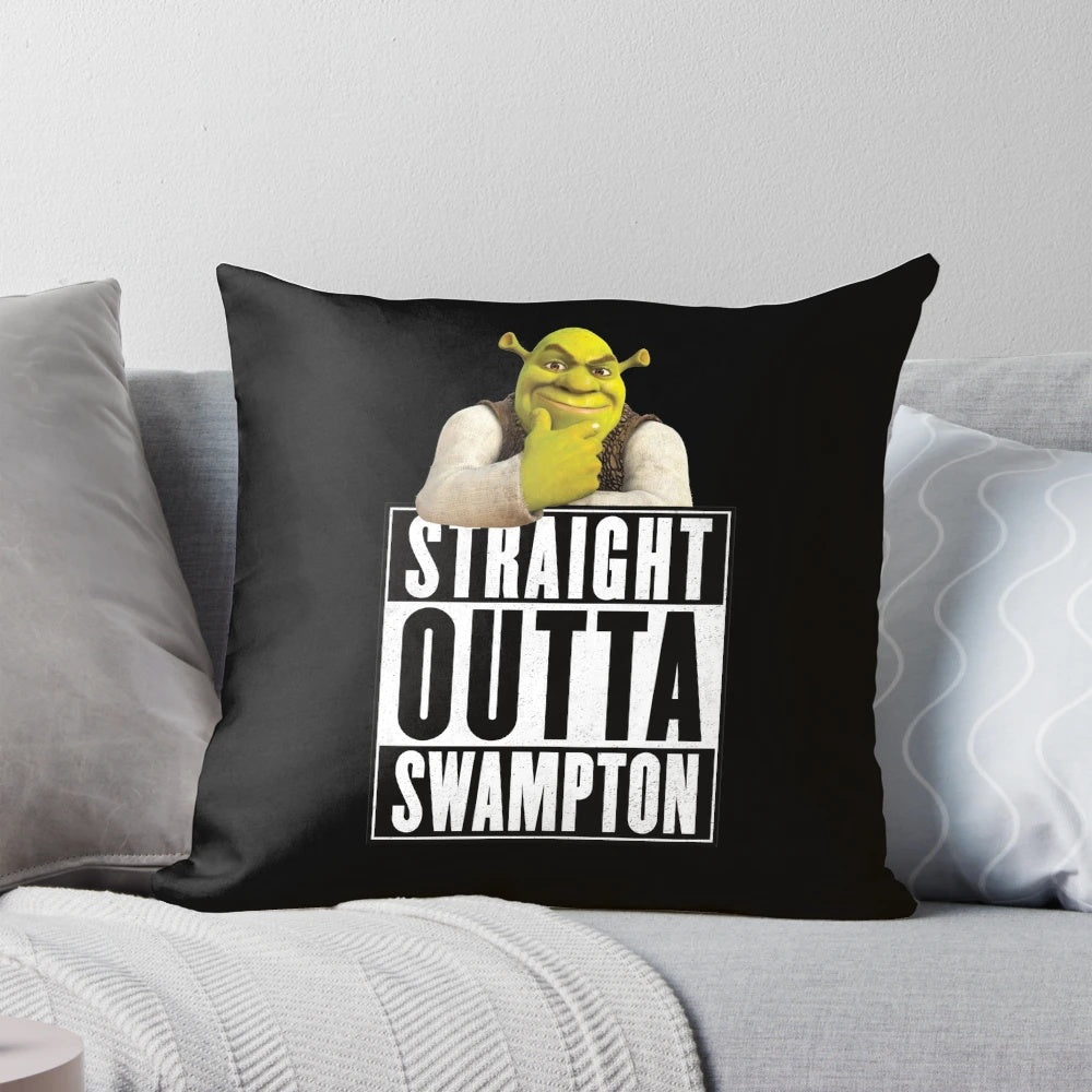Shrek themed straight outta swampton pillow with donkey and ogre design