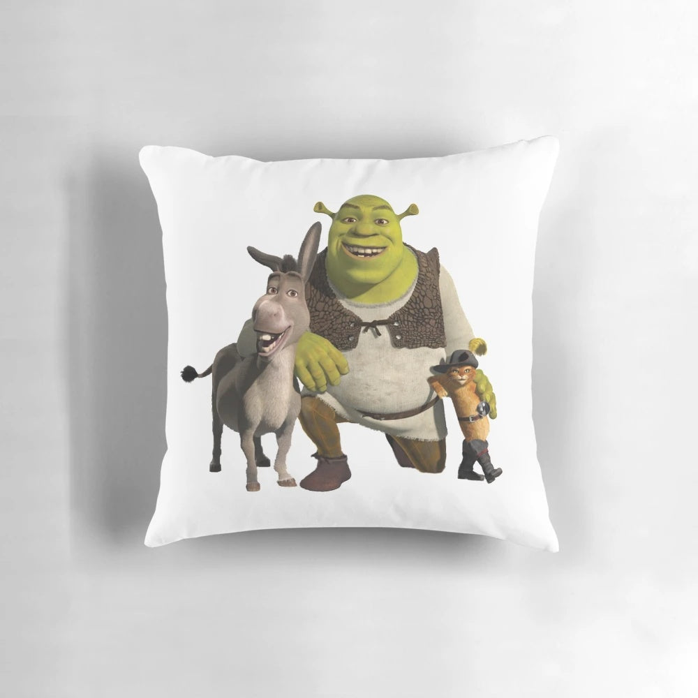 Plush pillow featuring characters from the Shrek movie franchise, including Shrek, Puss in Boots, and Donkey