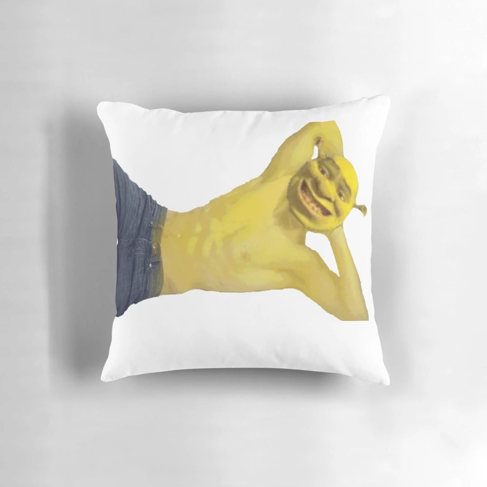 Shrek-themed parody pillow with humorous design