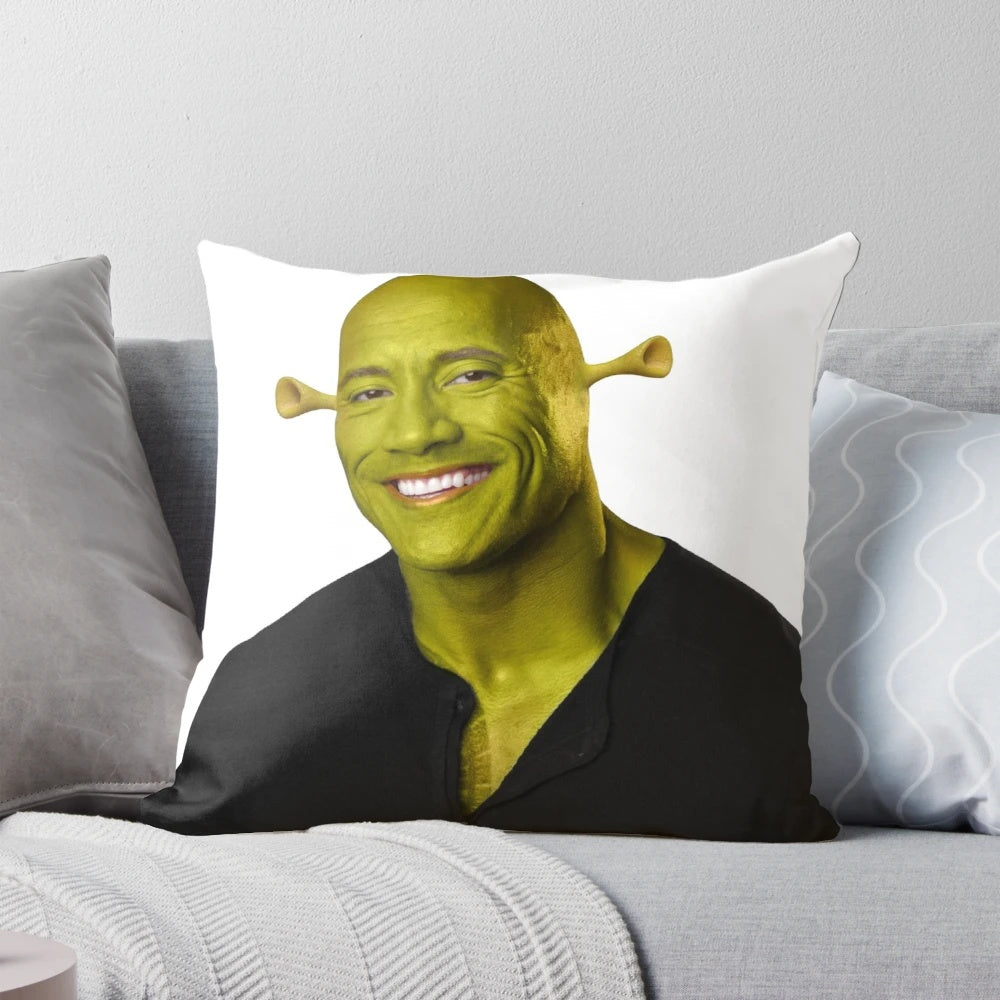 Shrek-inspired throw pillow featuring Dwayne "The Rock" Johnson for a fun, pop culture-themed home accent.