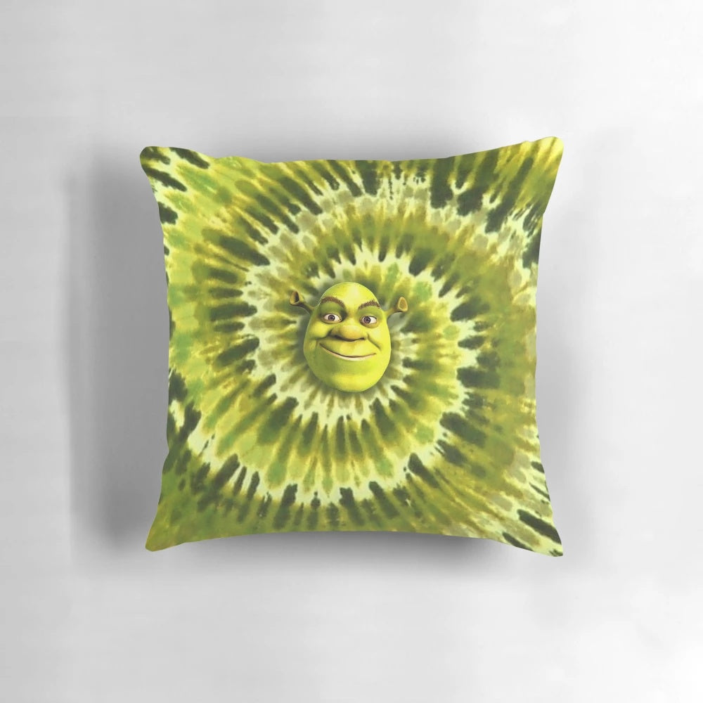 Shrek tie dye pillow with a whimsical, meme-inspired design