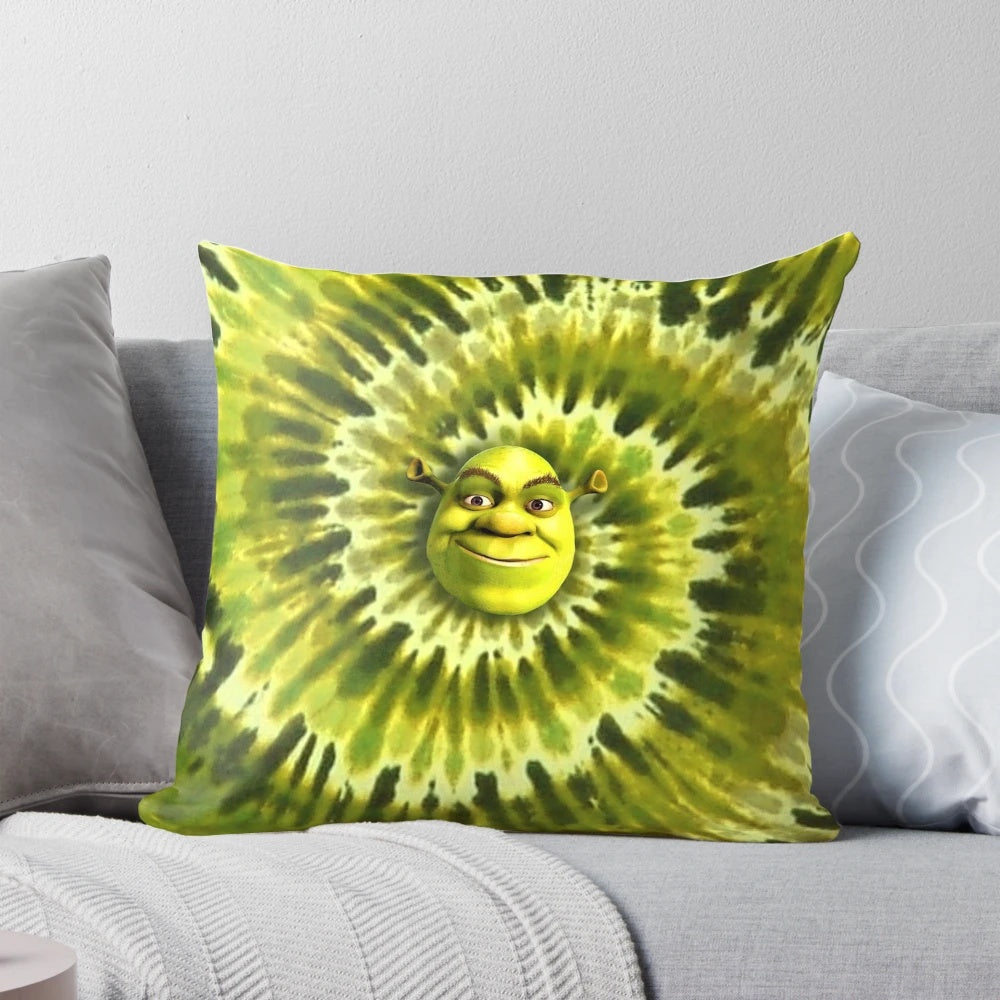 Shrek tie dye pillow with a whimsical, meme-inspired design