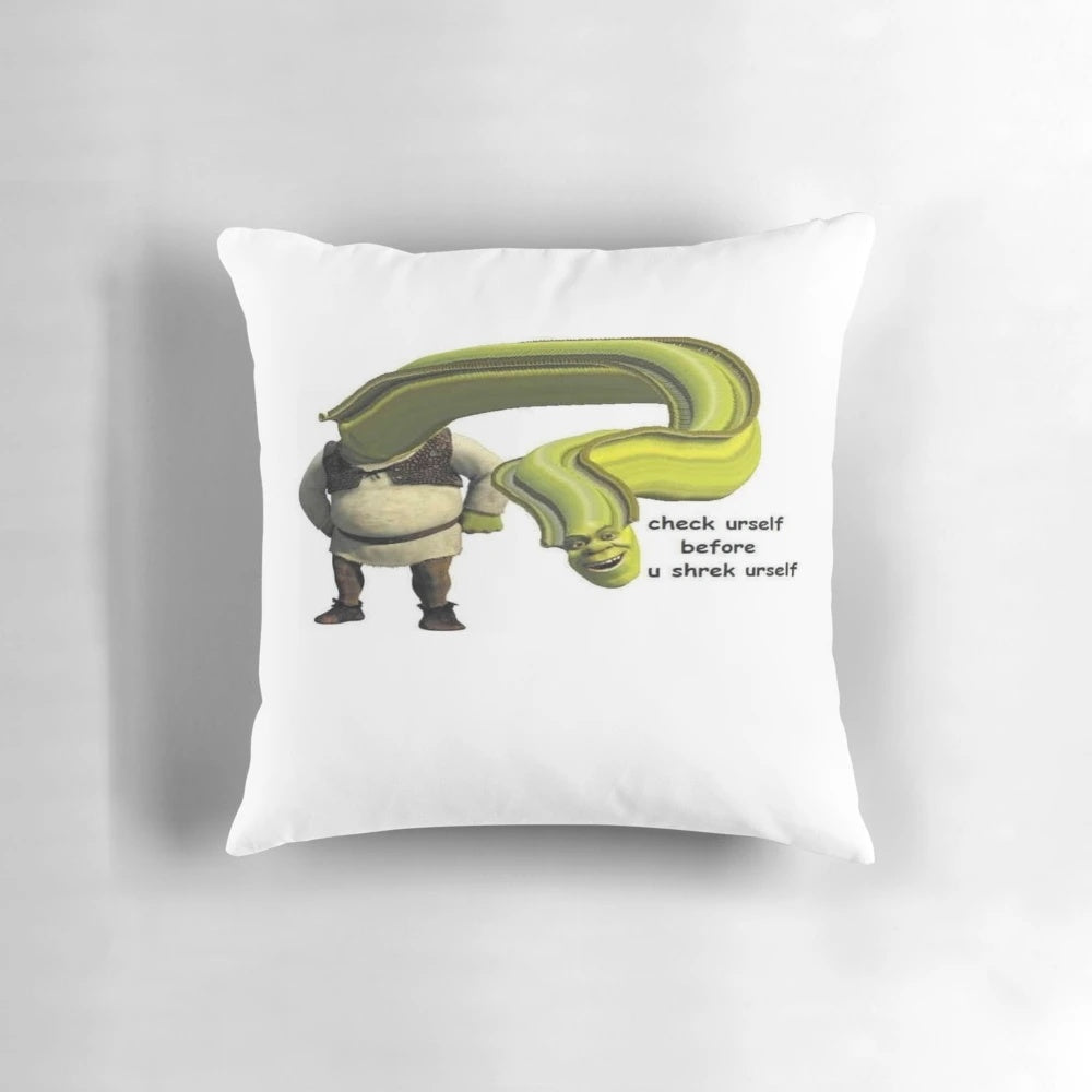 A Shrek-themed decorative pillow featuring the beloved green ogre character.