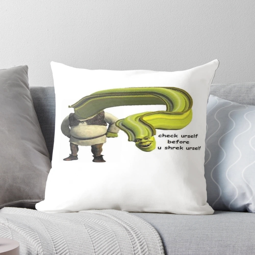 A Shrek-themed decorative pillow featuring the beloved green ogre character.