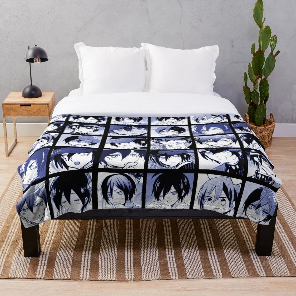 Shuichi Saihara inspired plush blanket featuring characters and imagery from the Danganronpa V3 anime/manga series