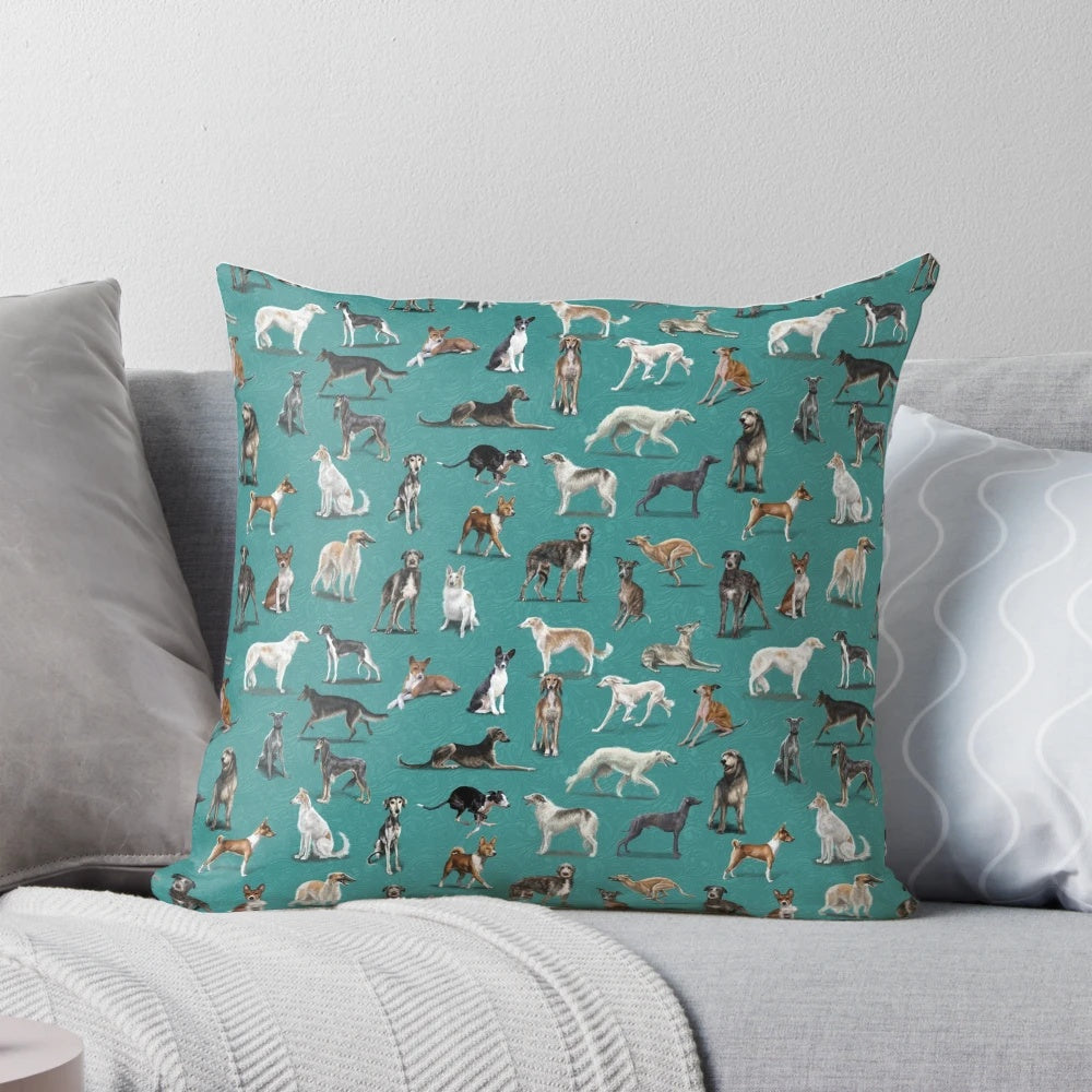 A green decorative pillow featuring various sighthound dog breeds such as greyhounds, whippets, and Italian greyhounds.