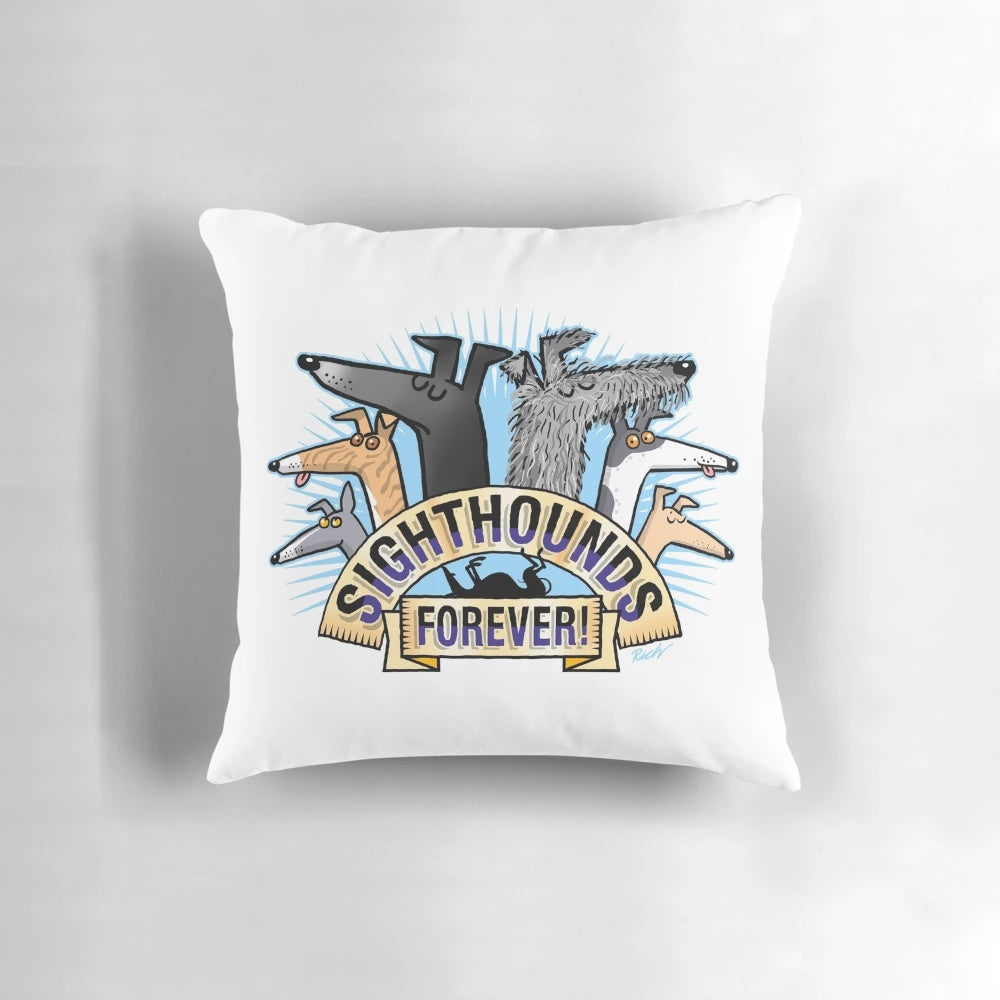 Sighthound cartoon design on a cozy pillow