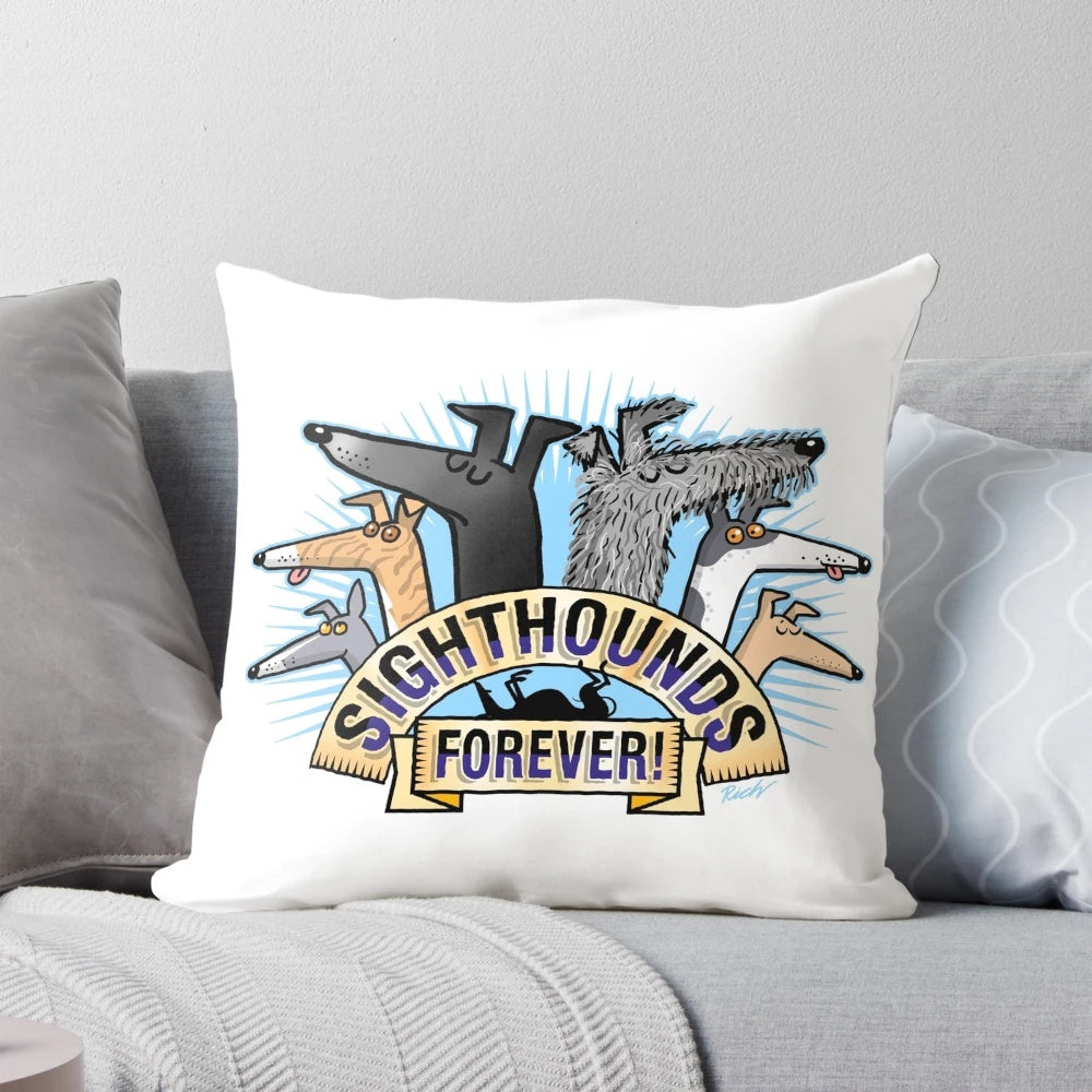 Sighthound cartoon design on a cozy pillow