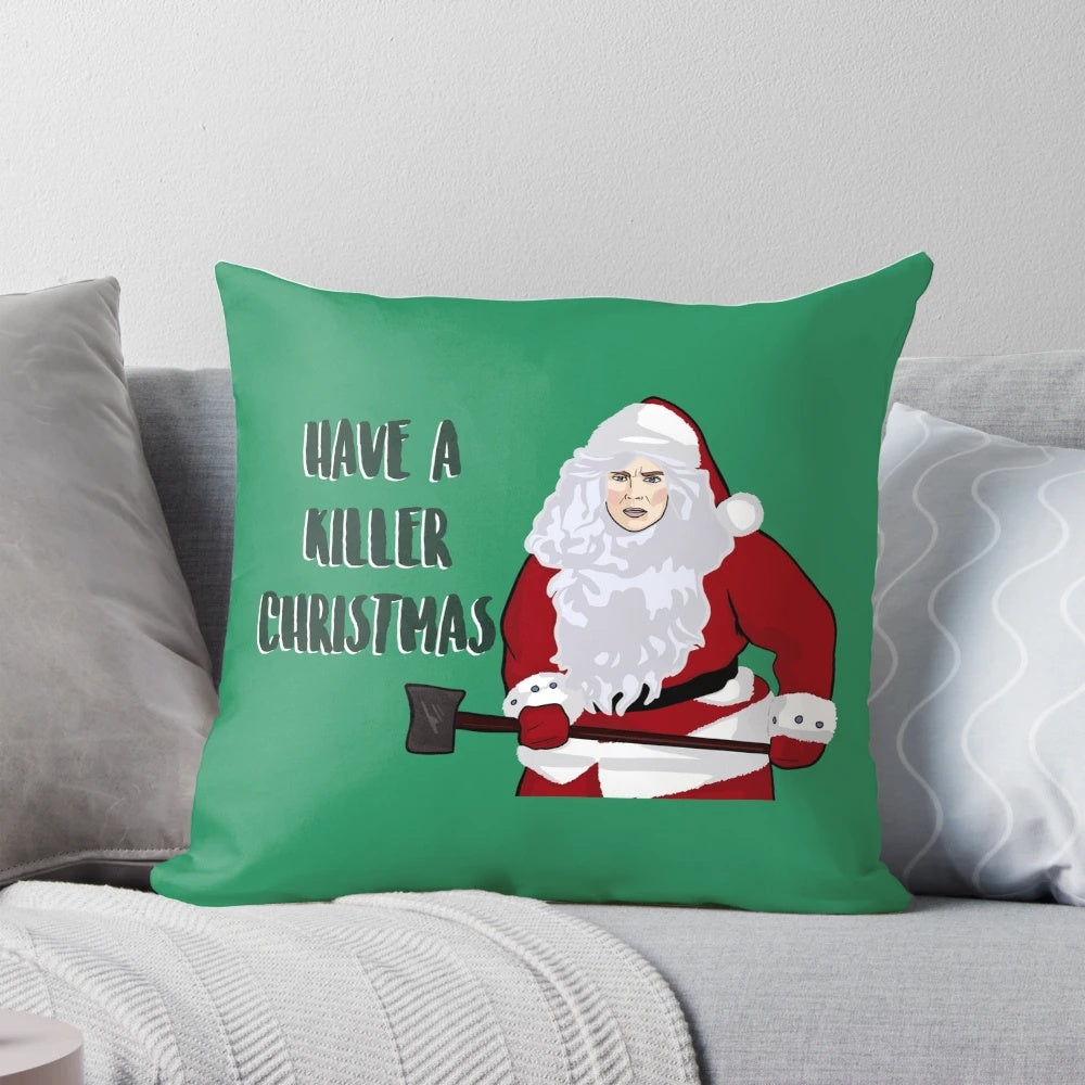 Silent Night, Deadly Night themed Christmas pillow featuring an eerie image from the 1984 slasher film.