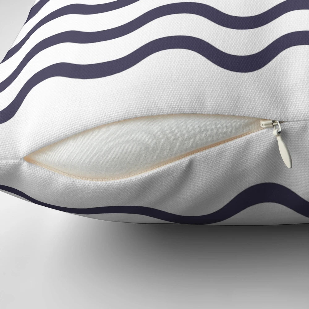 Simple white background with dark blue wave pattern pillow