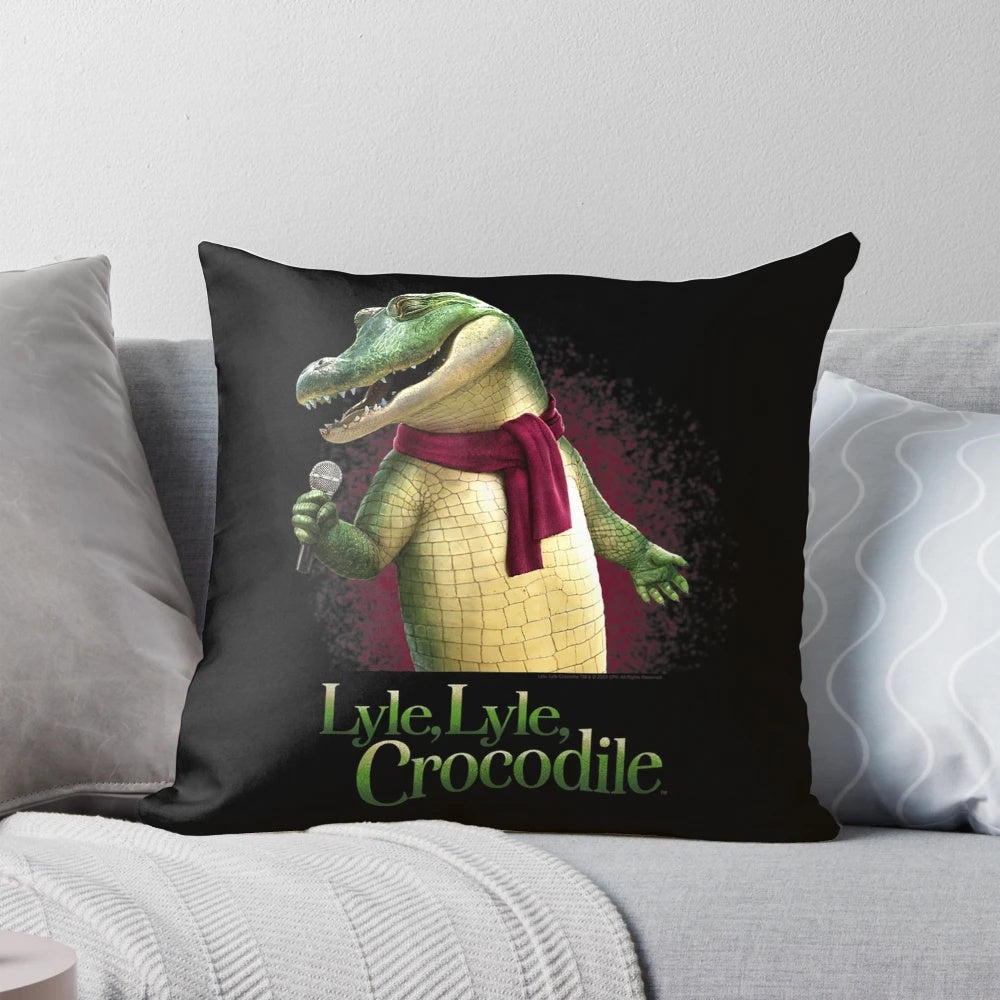 A plush pillow depicting Lyle the singing crocodile from the movie Lyle Lyle Crocodile