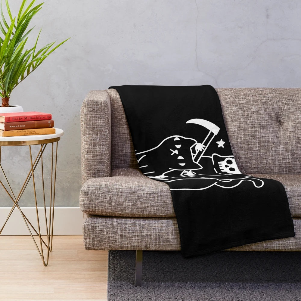 Sinister black cat plush blanket with grim reaper design