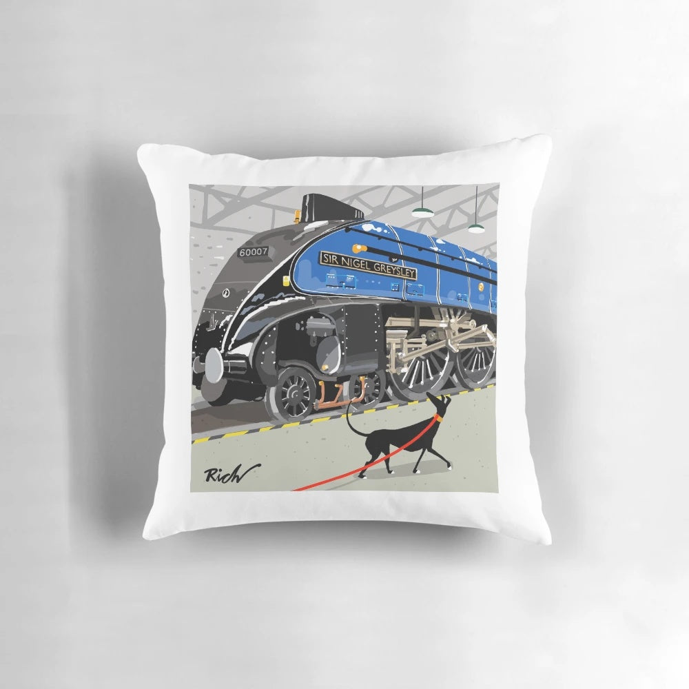 Soft and comfortable Sir Nigel Greysley Pillow with a greyhound design, perfect for steam train and hound enthusiasts.