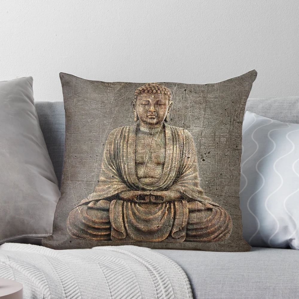 Sitting Buddha on Distressed Granite Pillow for Meditation and Relaxation