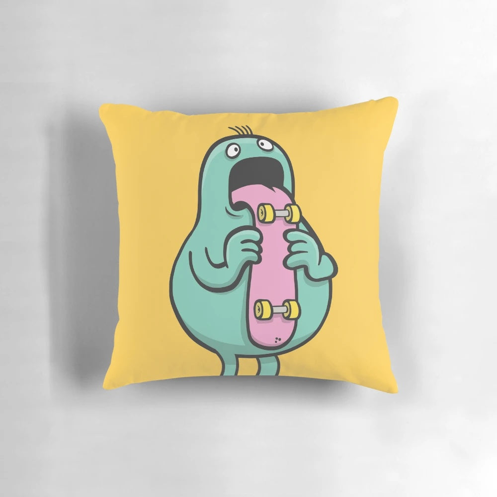 Vibrant pillow featuring a cartoon tongue monster skateboarding, with the "language of the mouth" theme.