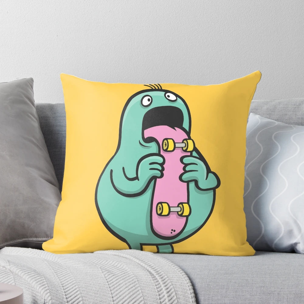 Vibrant pillow featuring a cartoon tongue monster skateboarding, with the "language of the mouth" theme.