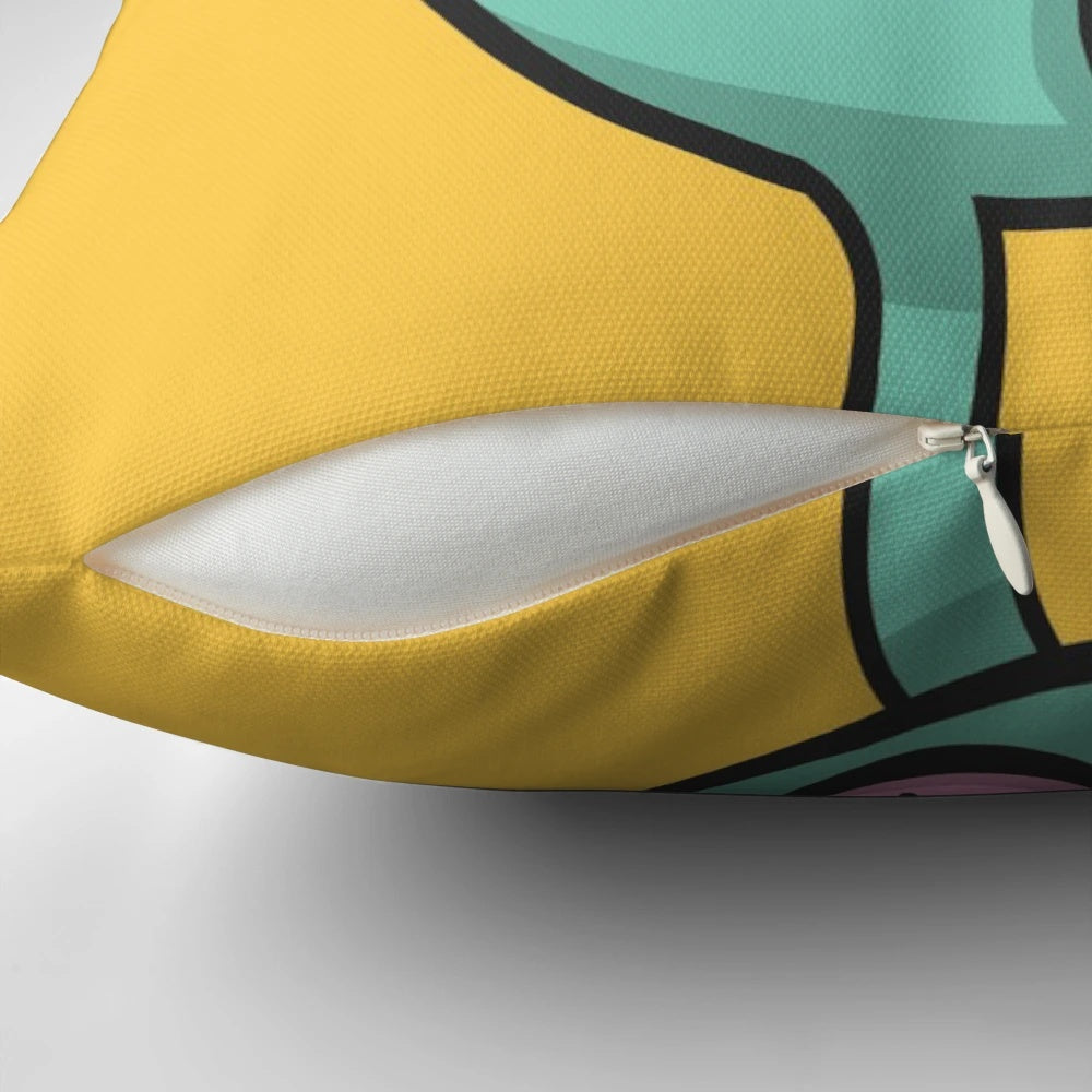 Vibrant pillow featuring a cartoon tongue monster skateboarding, with the "language of the mouth" theme.