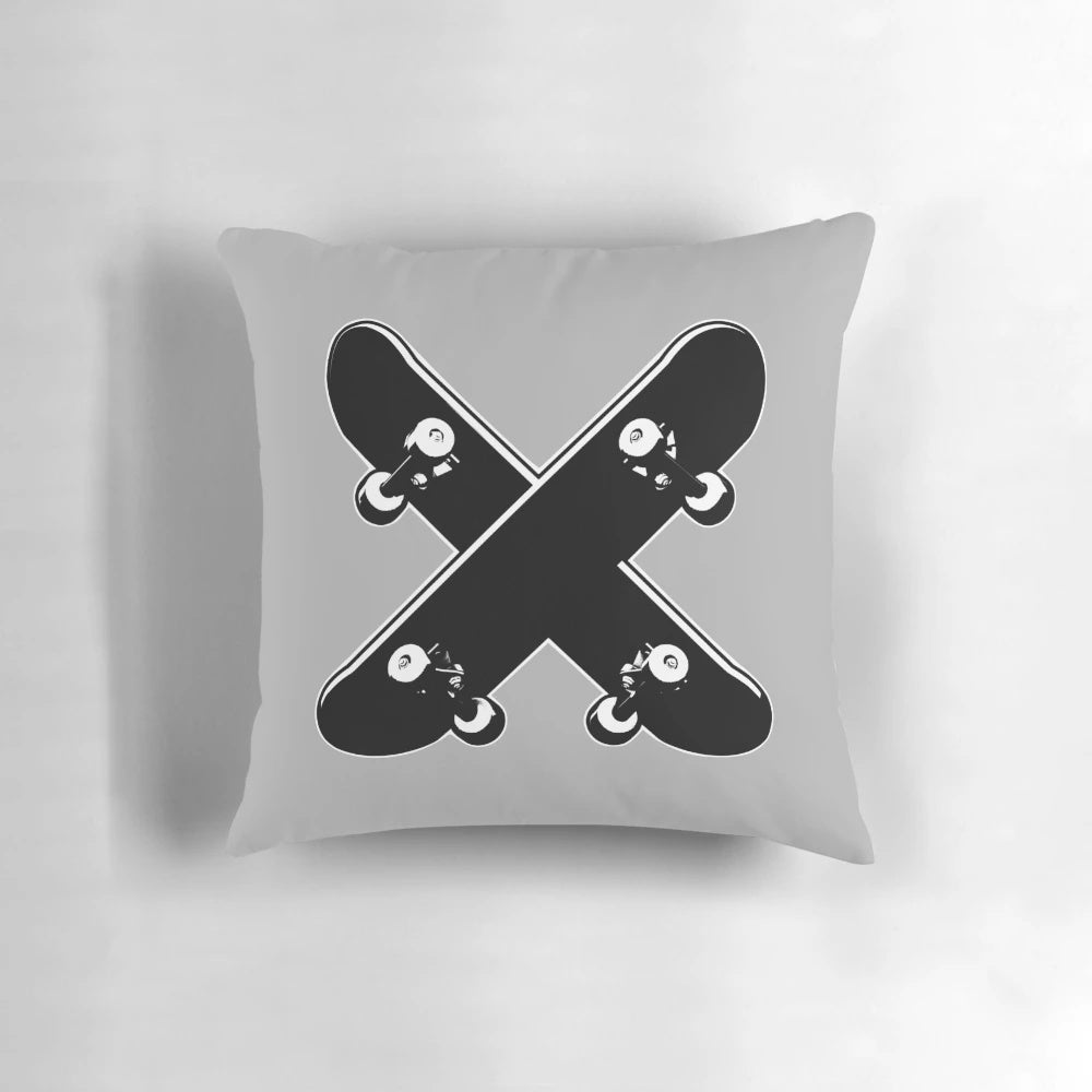 Custom throw pillow with a skateboard cross design for skaters and skateboarding enthusiasts