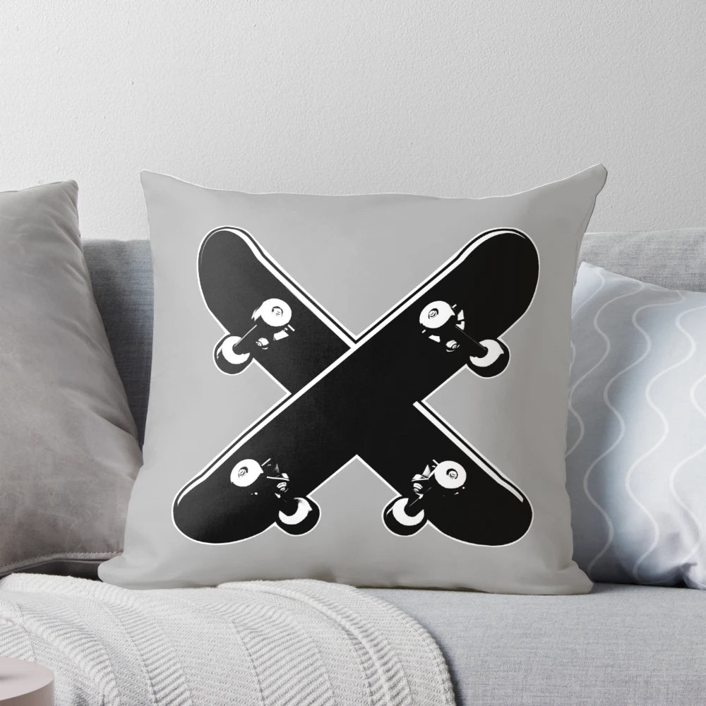 Custom throw pillow with a skateboard cross design for skaters and skateboarding enthusiasts