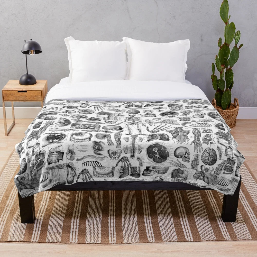 Skeleton anatomy print on a soft, plush blanket