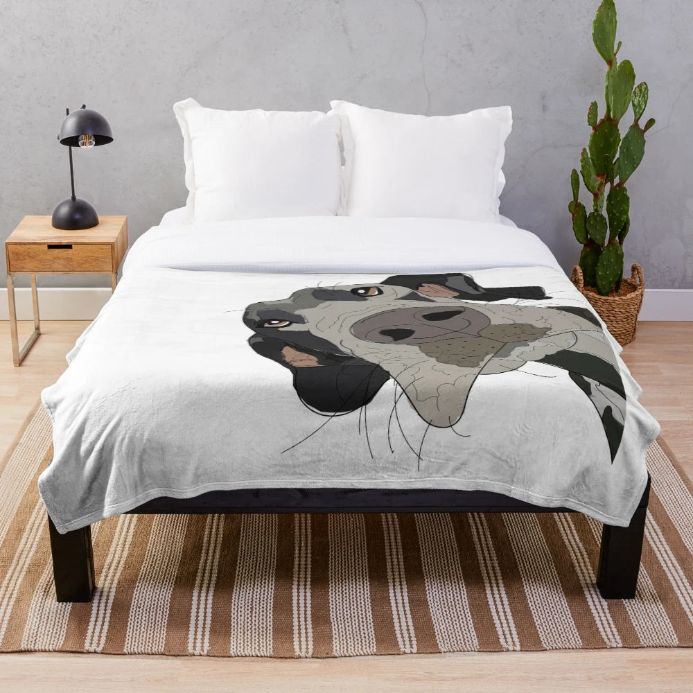 Sketch portrait of a Great Dane dog printed on a plush blanket