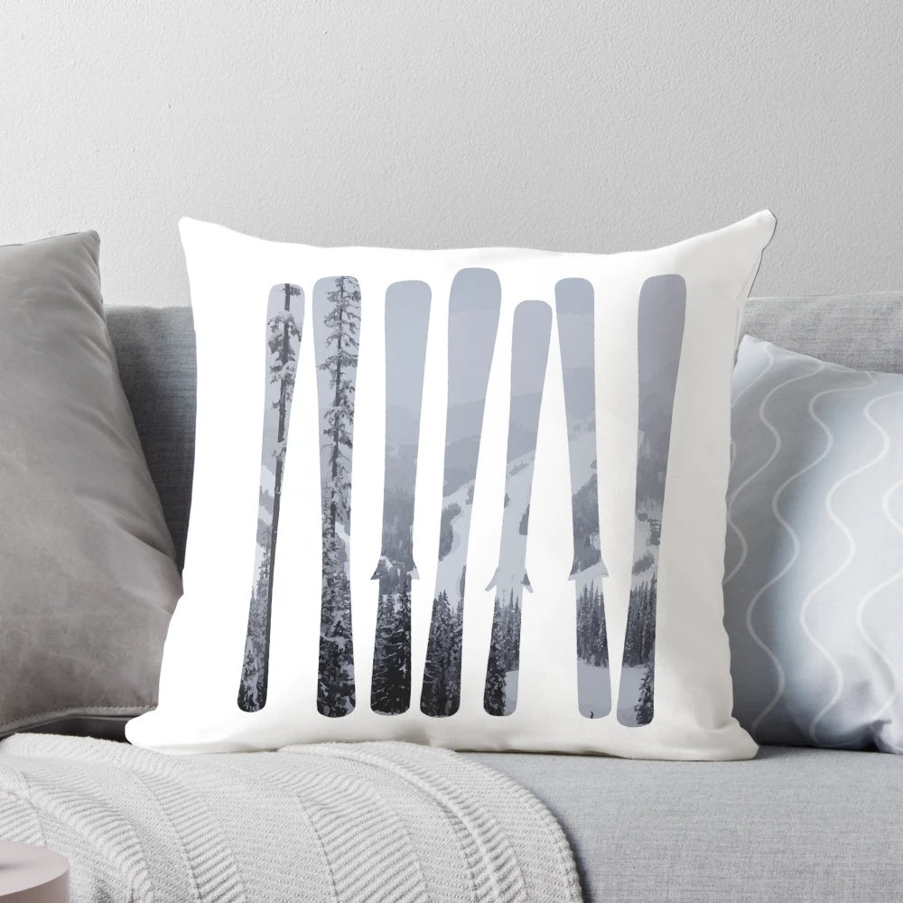 Ski designs and winter art featuring a mountain landscape on a DopeyArt pillow
