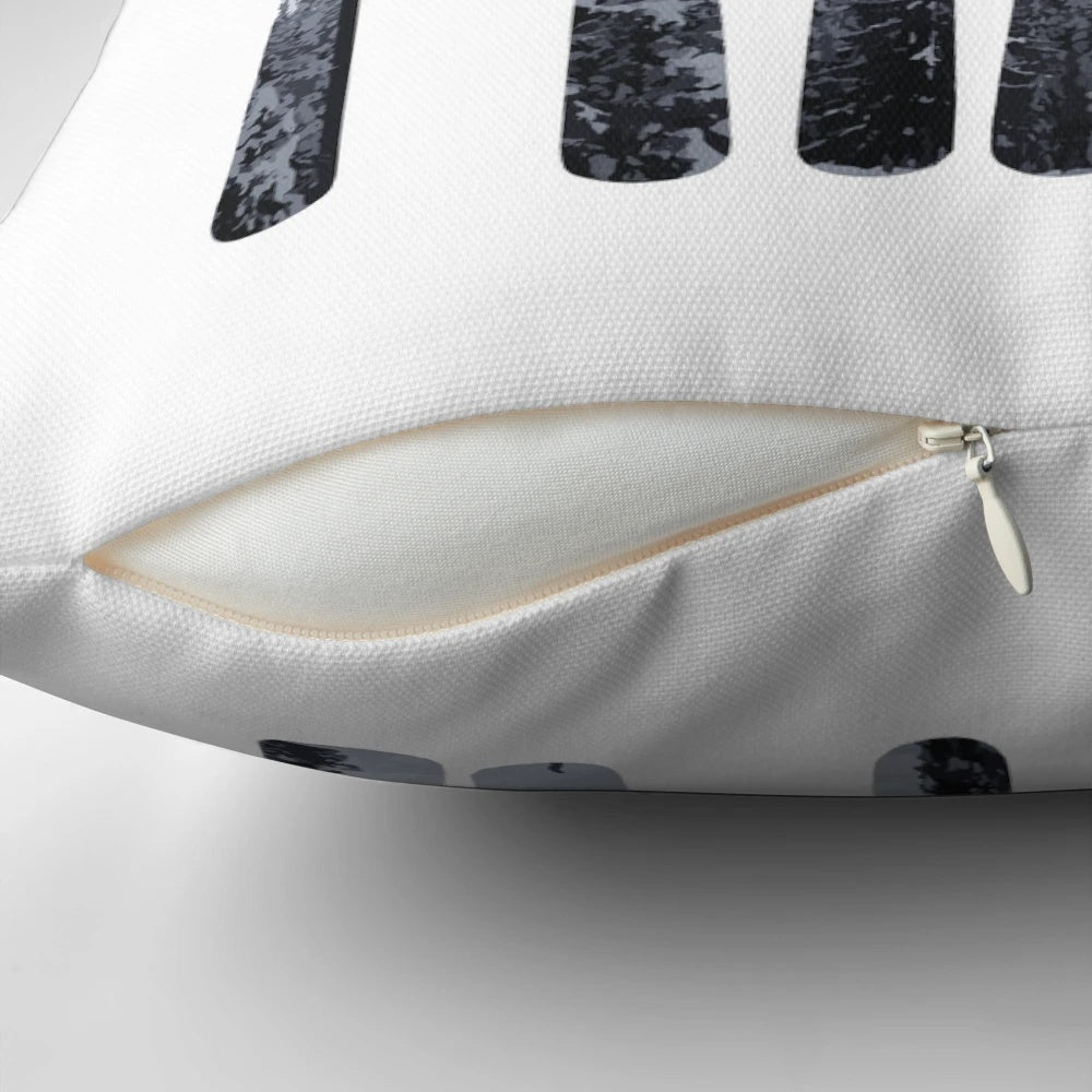 Ski designs and winter art featuring a mountain landscape on a DopeyArt pillow