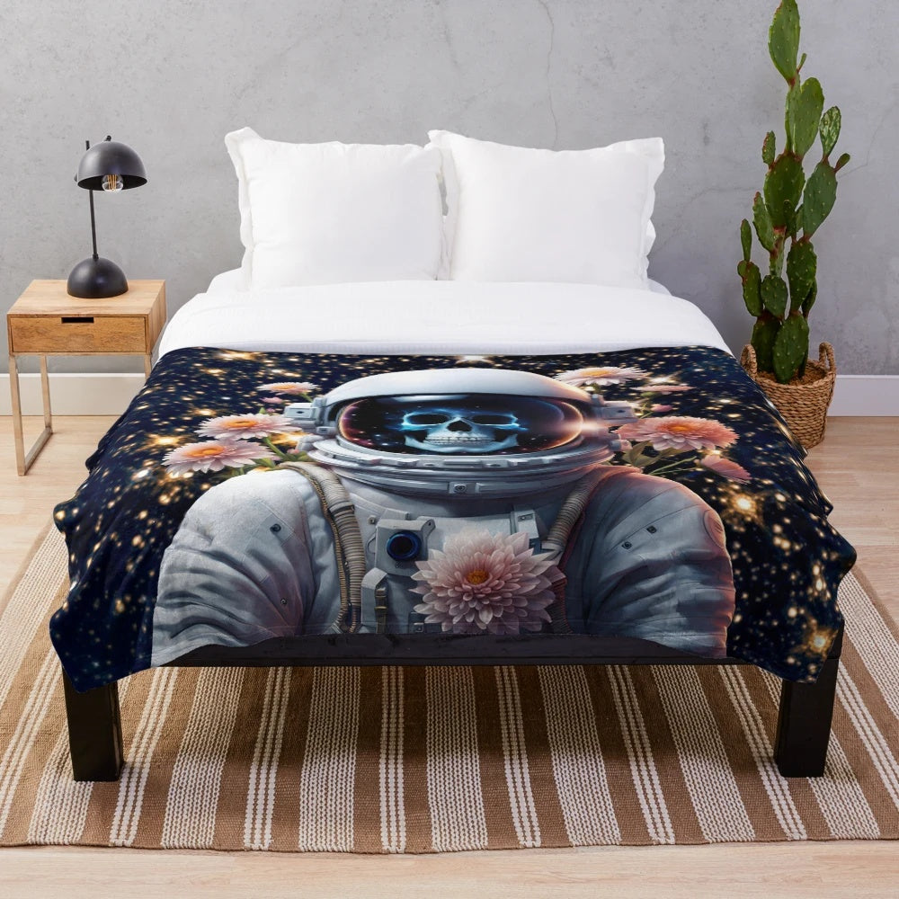 Skull astronaut plush blanket featuring a surreal sci-fi illustration of a skeleton in an astronaut suit on an alien planet