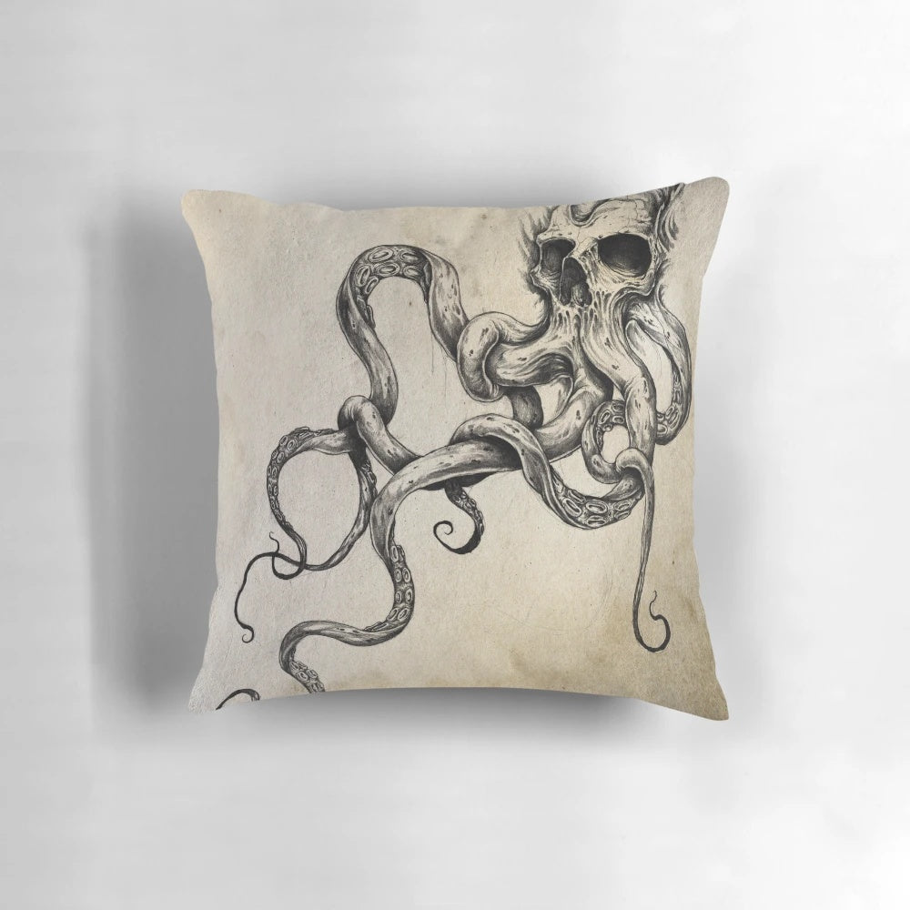 Skulltapus Cthulhu-inspired octopus skull tattoo design decorative pillow