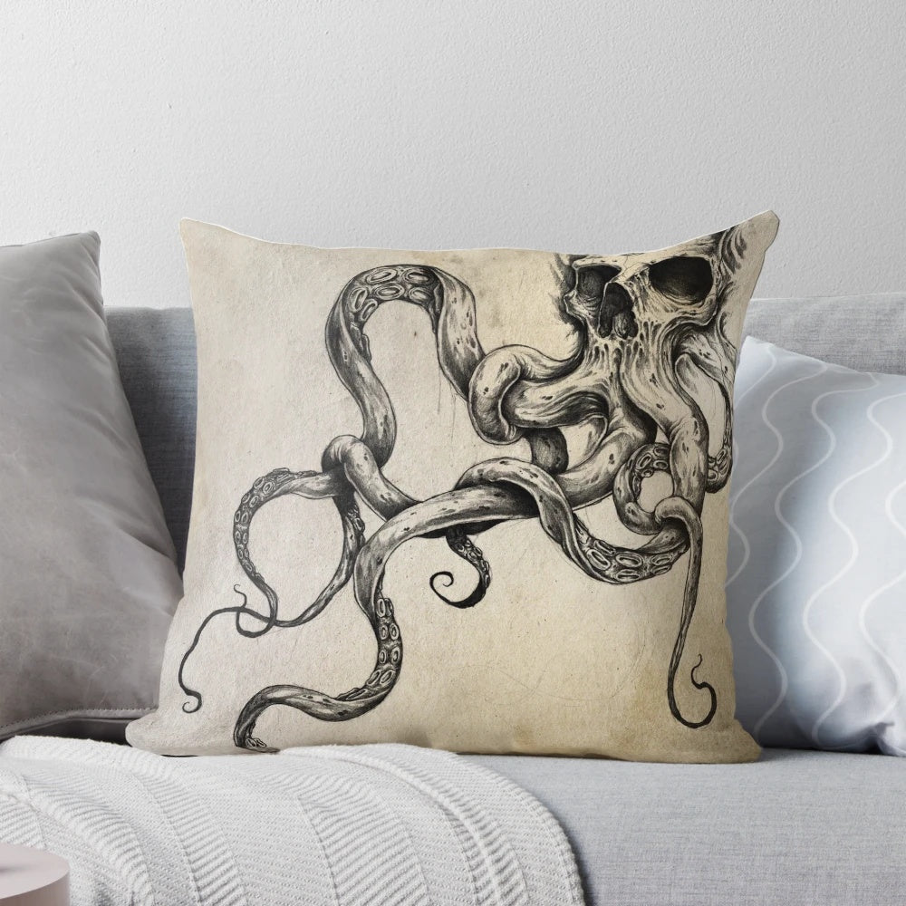 Skulltapus Cthulhu-inspired octopus skull tattoo design decorative pillow