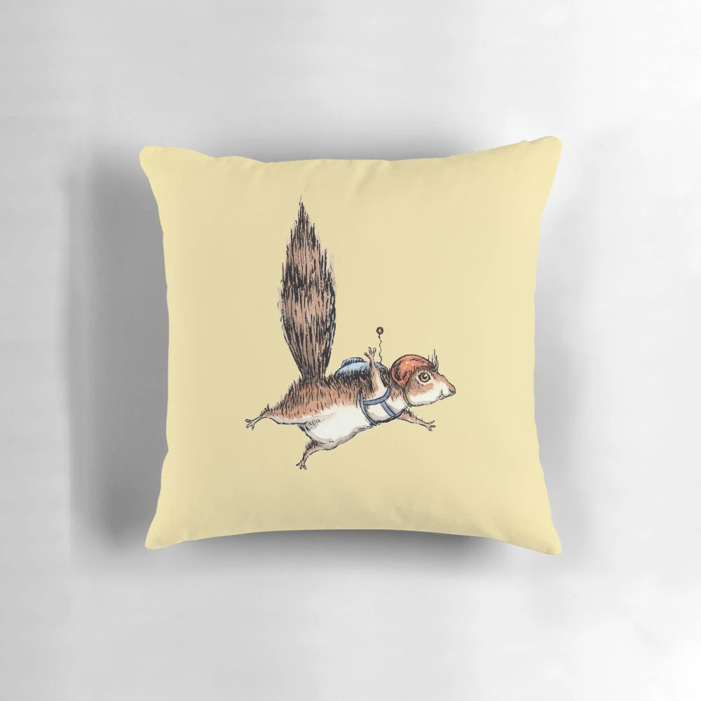 Skydiving squirrel illustration on a decorative throw pillow