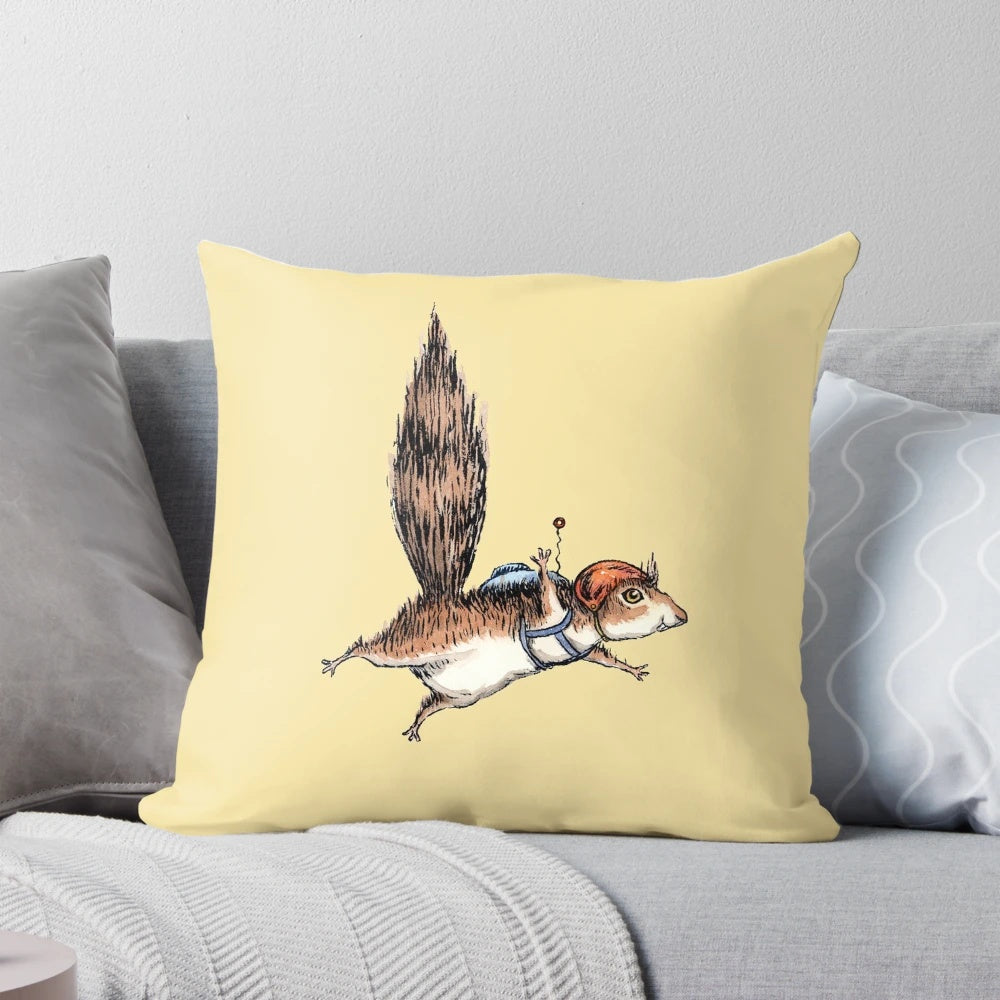 Skydiving squirrel illustration on a decorative throw pillow
