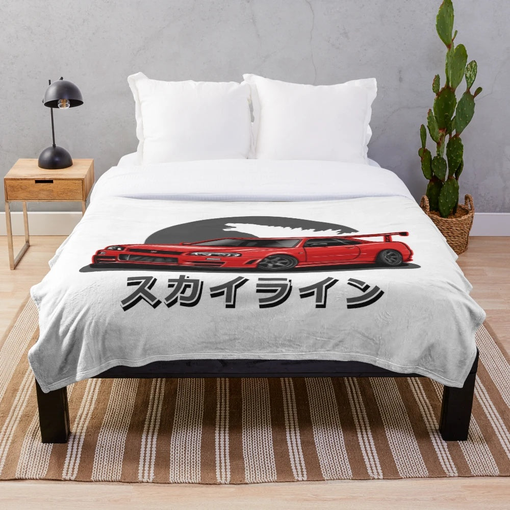 Skyline GTR R-34 inspired plush blanket with a red, sporty design
