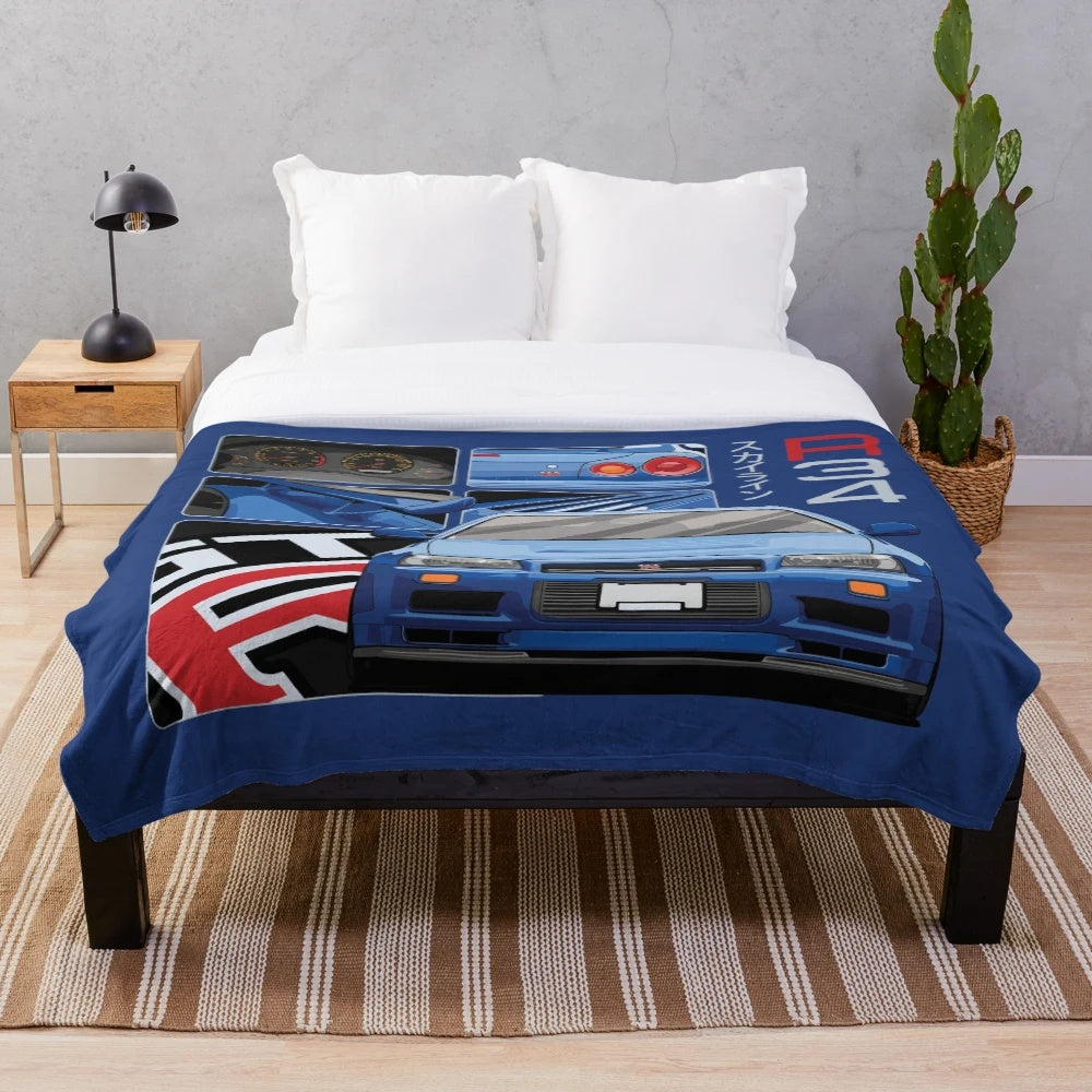 Skyline GTR R34 inspired plush blanket with blue car design