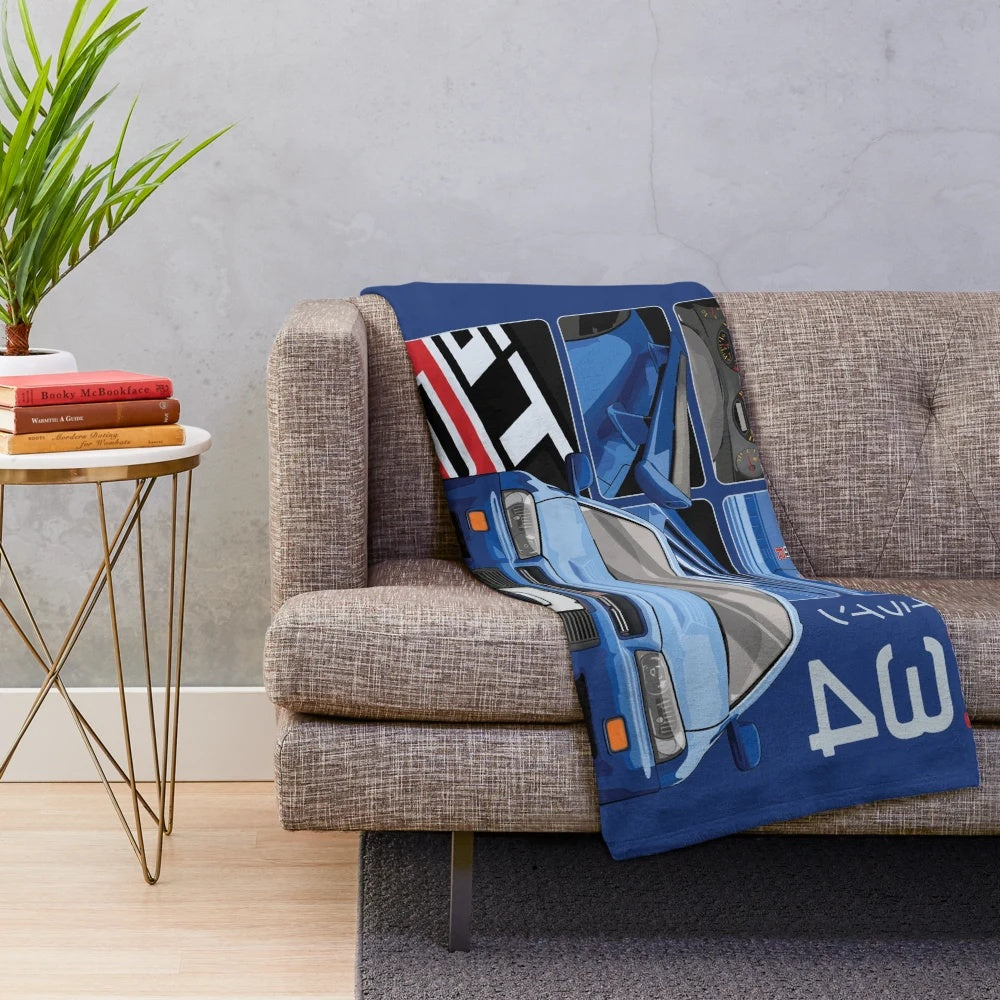 Skyline GTR R34 inspired plush blanket with blue car design