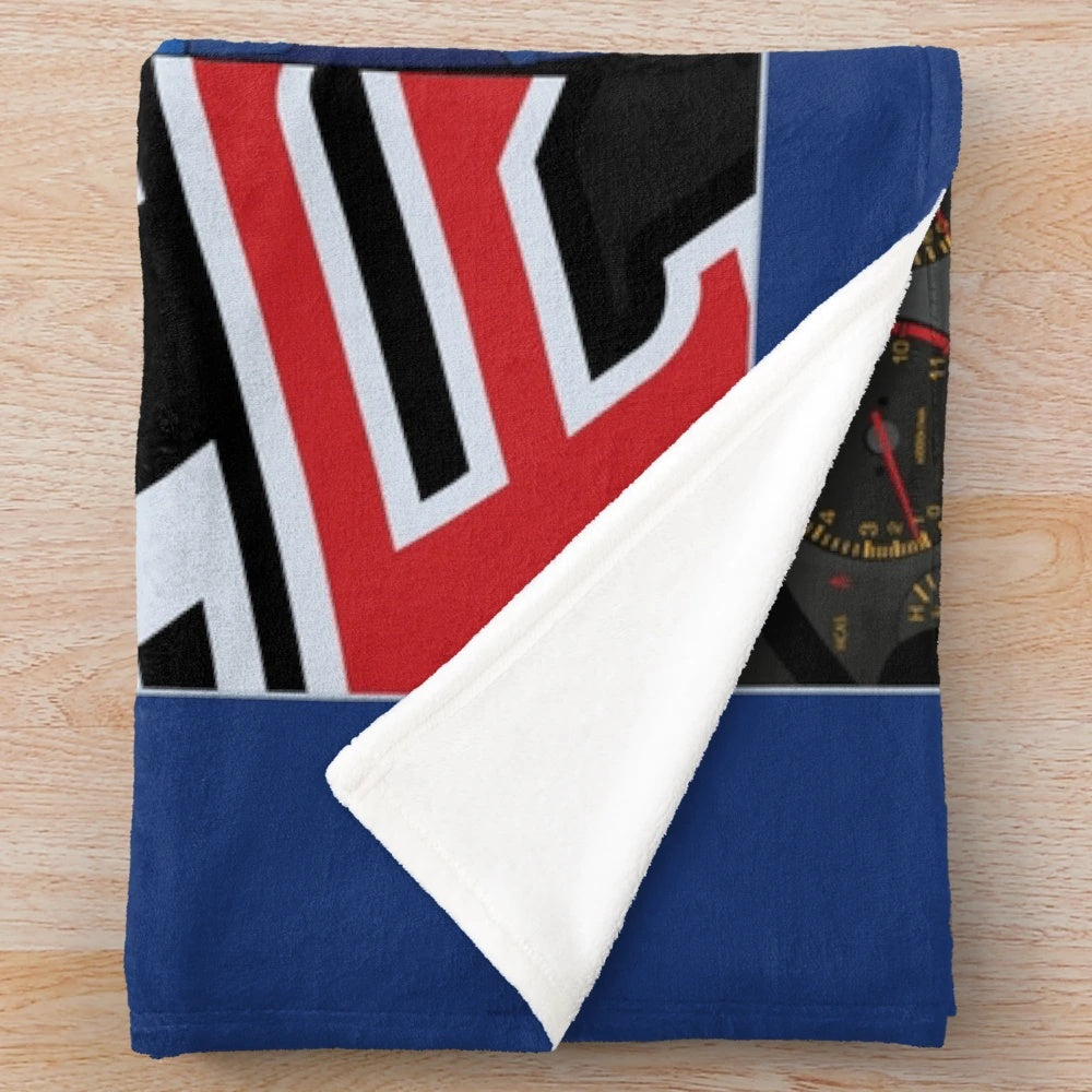 Skyline GTR R34 inspired plush blanket with blue car design