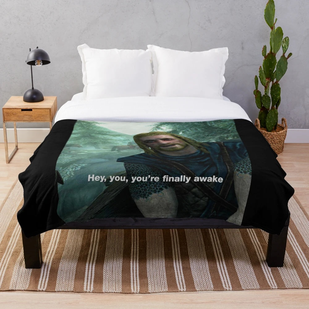 Skyrim inspired "Hey You're Finally Awake" plush blanket