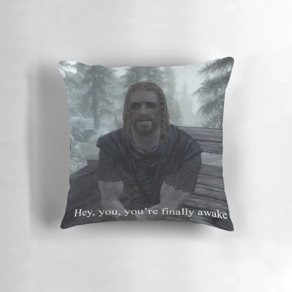 Skyrim-themed pillow with the "Hey, you're finally awake" meme design