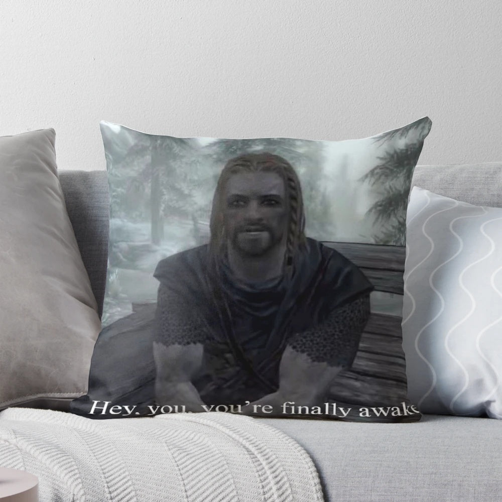 Skyrim-themed pillow with the "Hey, you're finally awake" meme design