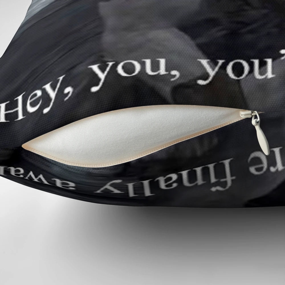 Skyrim-themed pillow with the "Hey, you're finally awake" meme design
