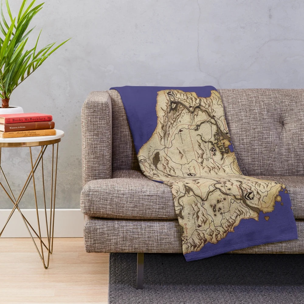 Skyrim inspired plush blanket featuring the map of Tamriel